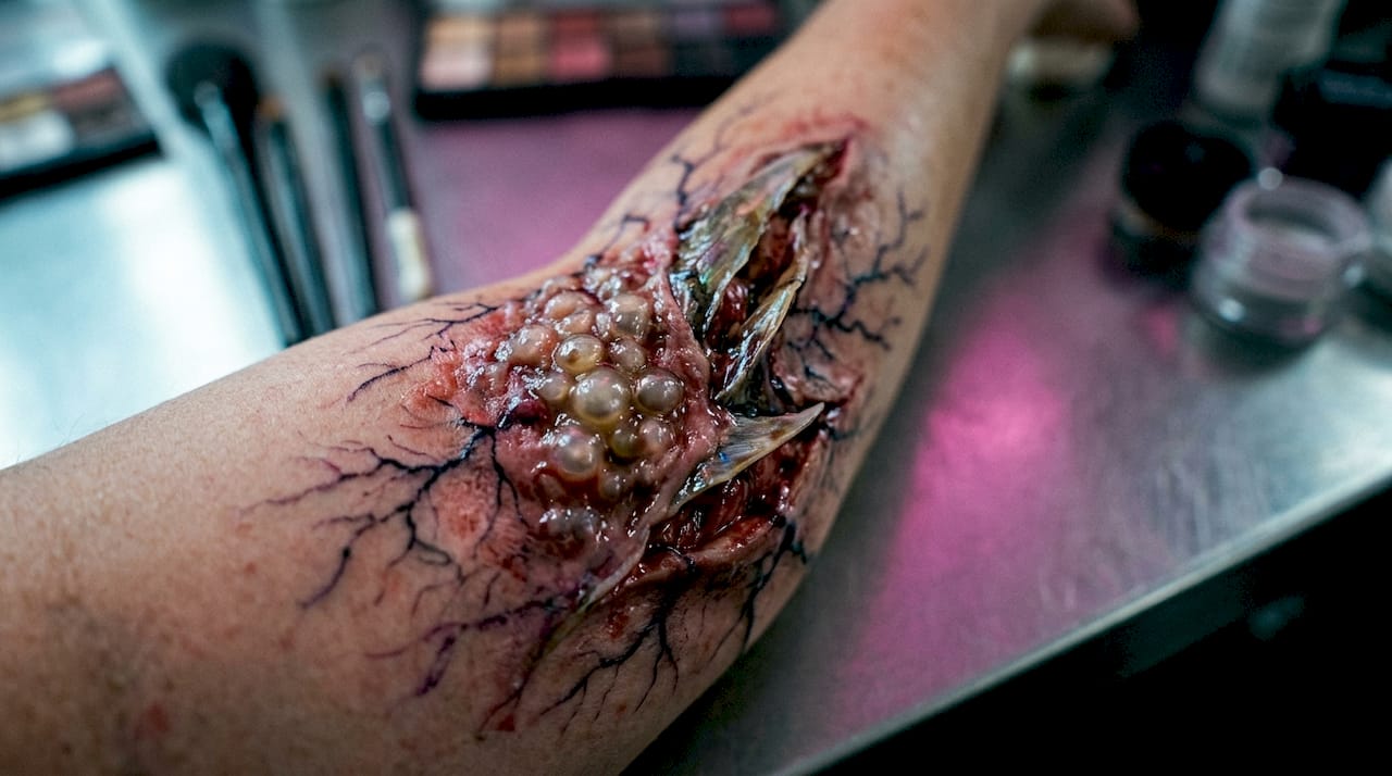 Close-up of alien body horror makeup effect