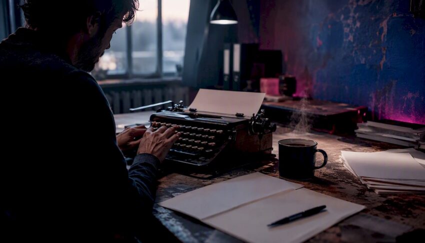 Writer's desk with typewriter and coffee in moody light