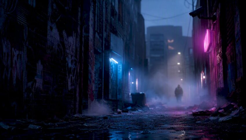 Dystopian city street at night with neon glow