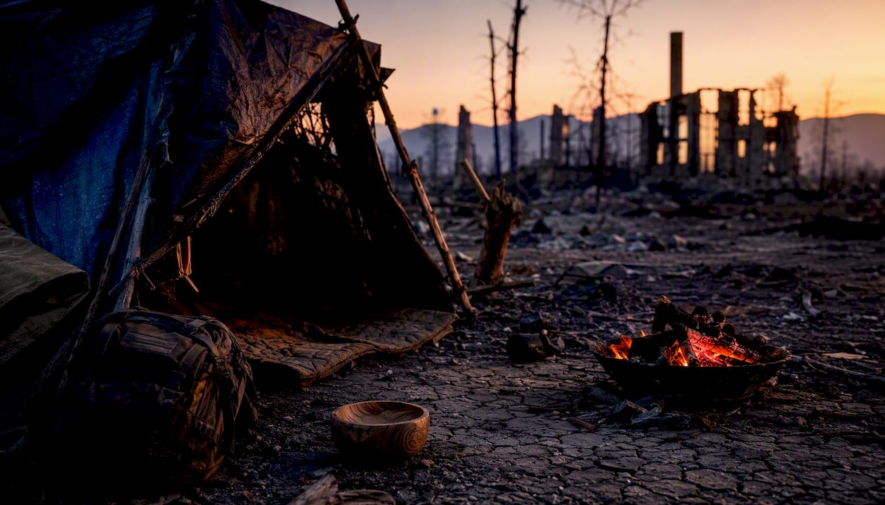 Makeshift survival camp in post-apocalyptic wilderness