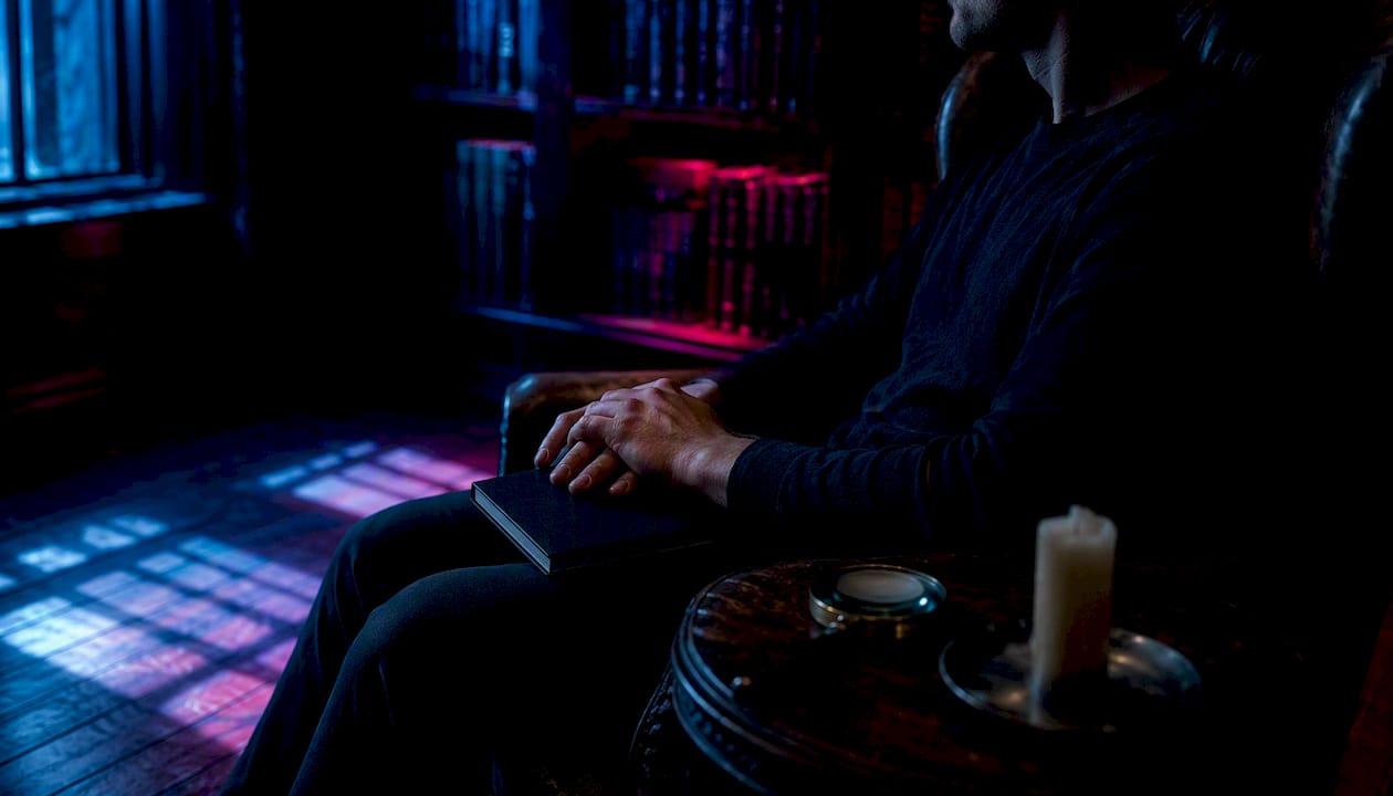 Author hands clasped reflecting in dark study
