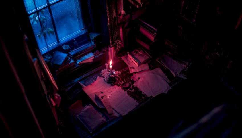 Dim lit writer's desk with open typed page and candle
