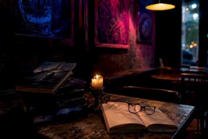 Dark supernatural books on a wooden desk