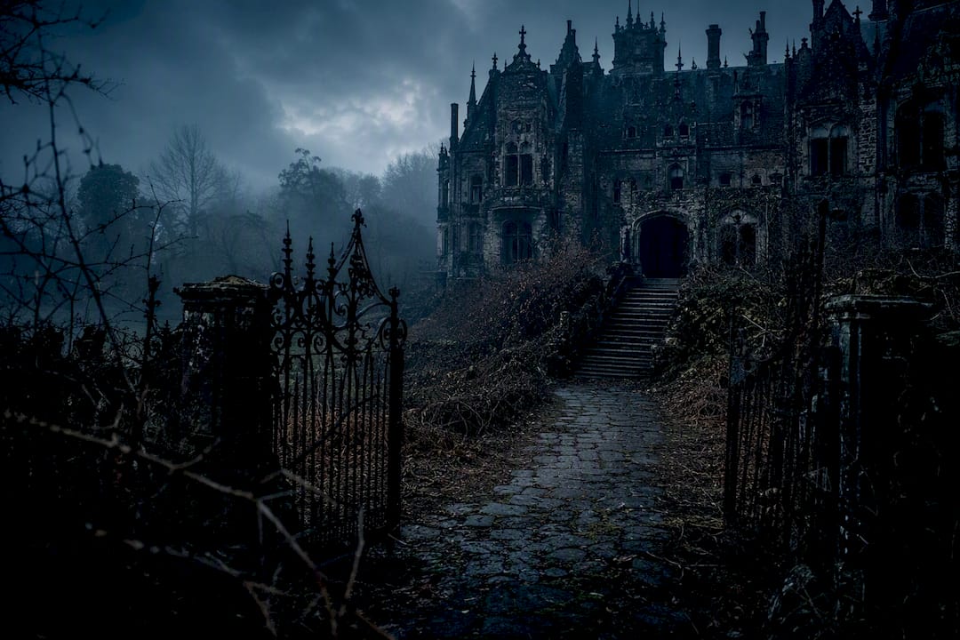 Dusk view of gothic manor with wrought iron gate