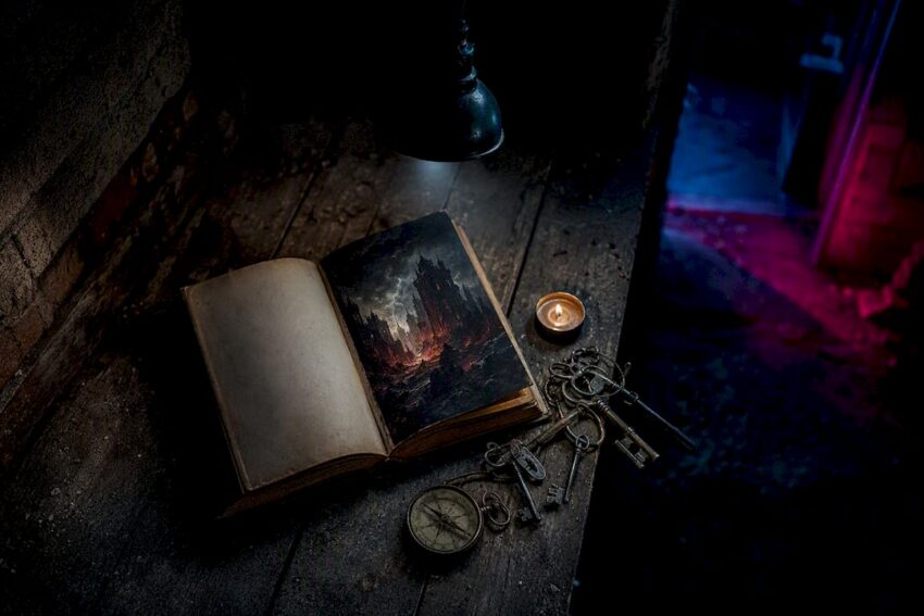 Open apocalyptic book with keys and candle