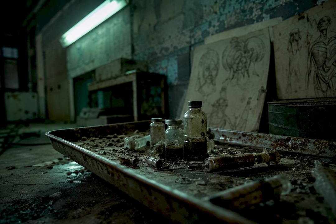 Medical vials and syringes in dark room