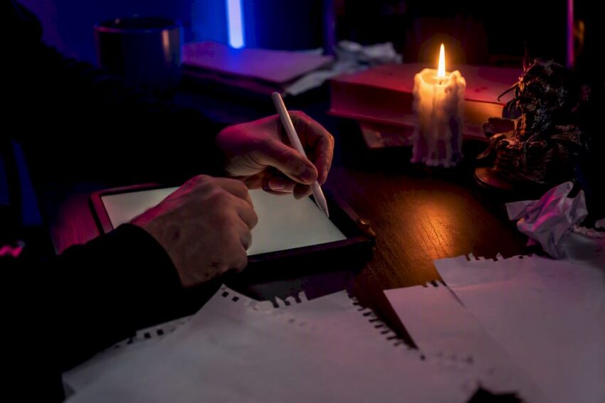 Hands writing horror script on digital tablet