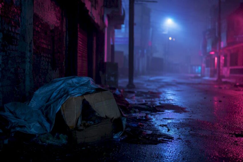 Neon-lit dark dystopian alley with broken clipboard