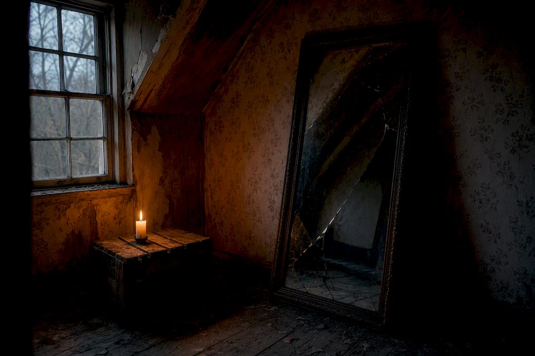 Empty room with cracked mirror and flickering candlelight