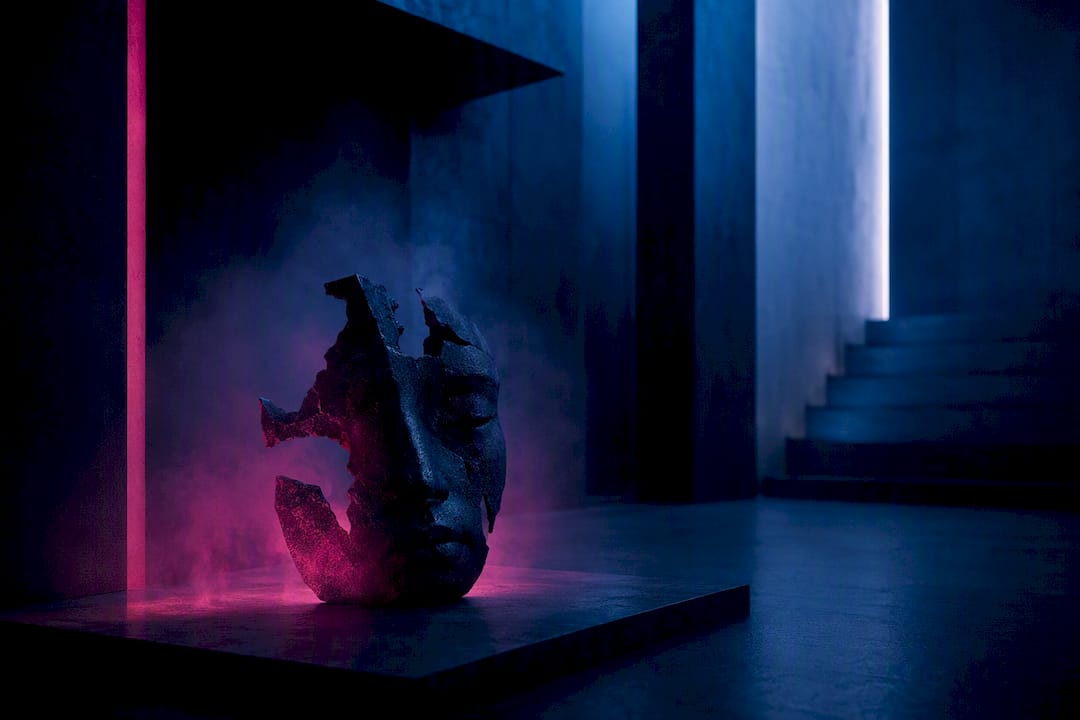 Neon-lit modern room corner with fractured mask sculpture