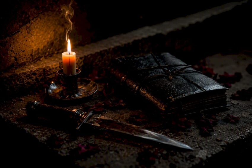 Worn dagger and candle on dark wooden desk