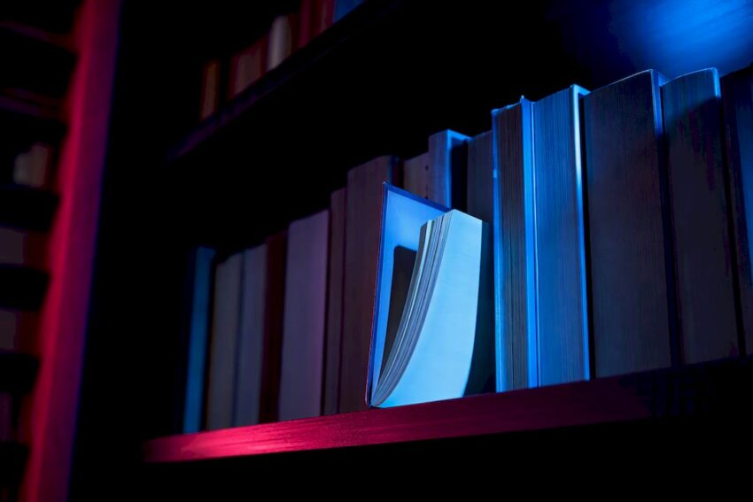Anonymous novels arranged on a shadowed library shelf