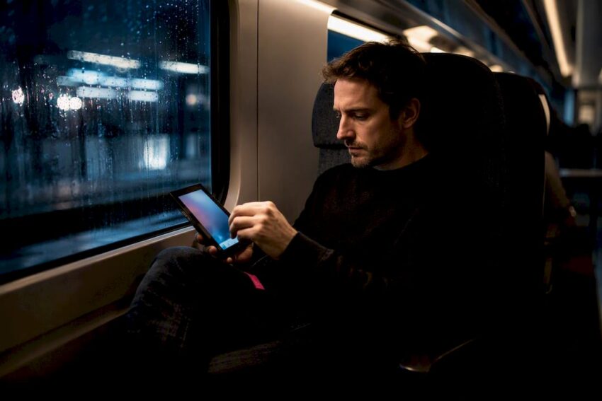 Reader using an e-reader on a train