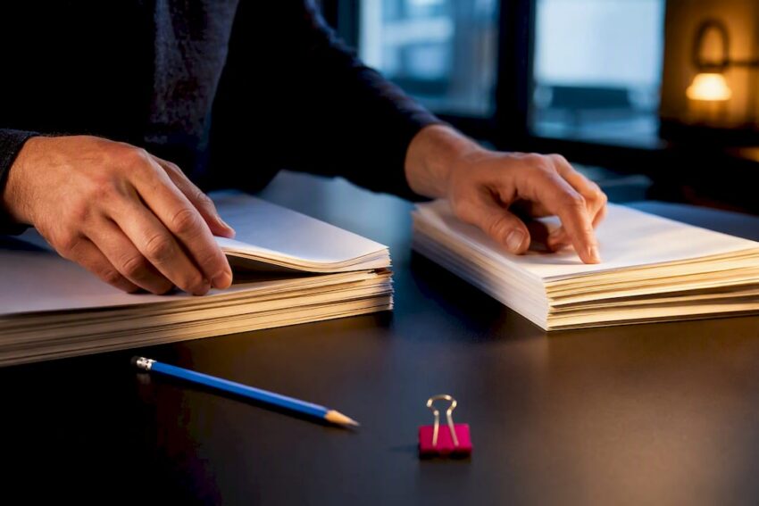 Writer comparing thriller and dystopian manuscript structures