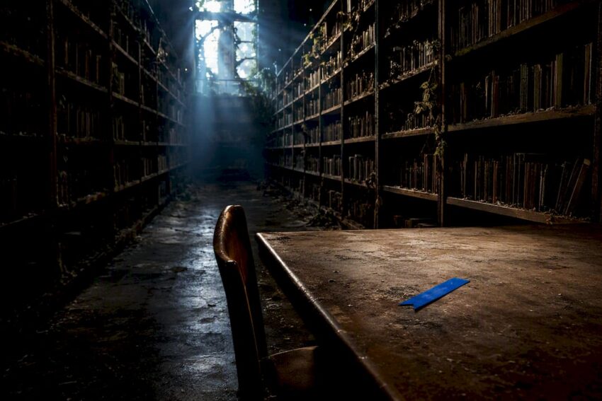 Abandoned library after societal collapse