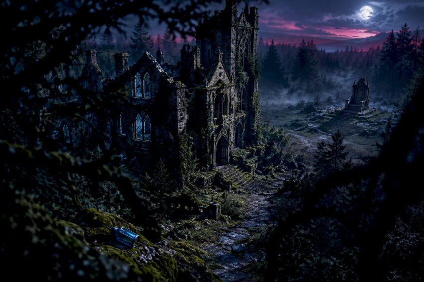 Ruined manor beside an ominous forest