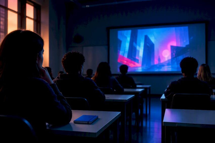 Students watching dystopian short film in class