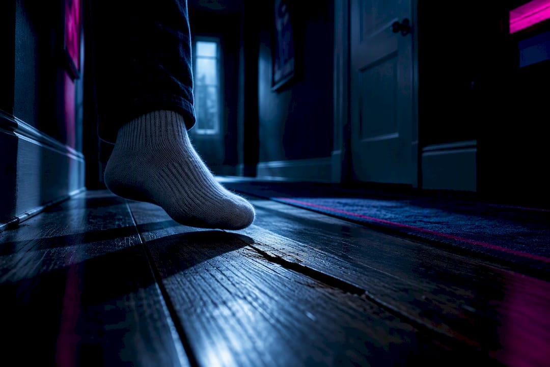 Foot pausing above an old floorboard