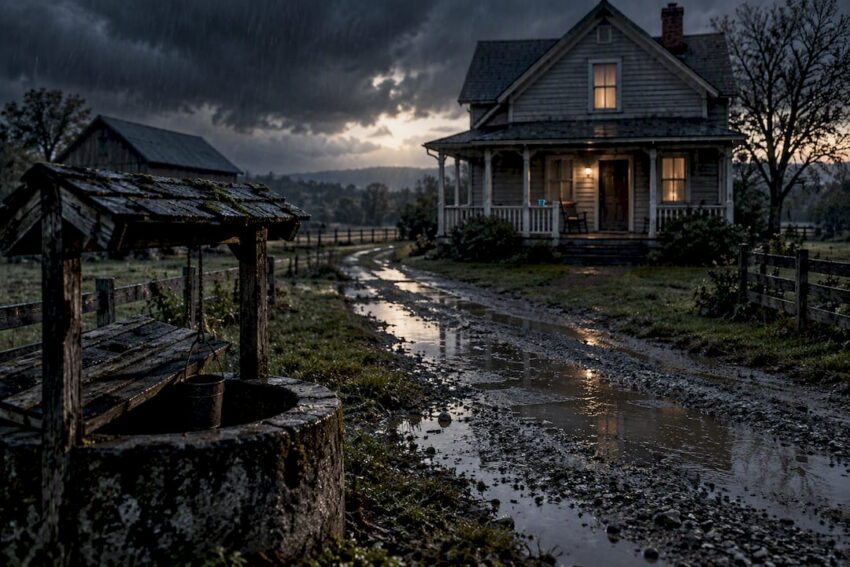 Stormy rural house beside broken well