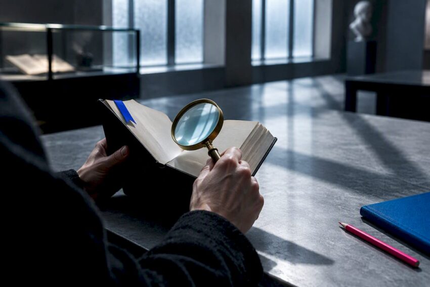 Reader examining clues beside horror novel
