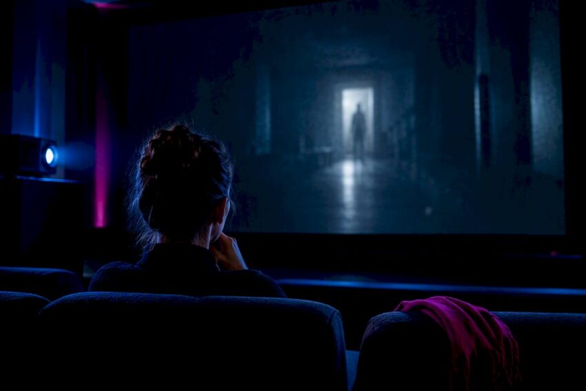 Viewer studying an ambiguous horror film ending