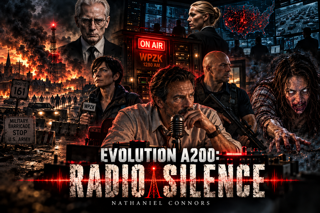 Cinematic Evolution A200: Radio Silence artwork featuring radio host Terry Nolan at a WPZK microphone, surrounded by Meghan Lynnfield, Carter, Franklin Ford, A.D. Willards, Petra Rothstein, a white-eyed infected woman, a Route 161 military barricade, a burning town, and an emergency command center.
