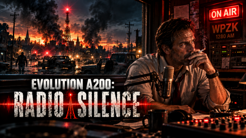 Evolution A200: Radio Silence featured image showing radio host Terry Nolan broadcasting from WPZK 1280 as fires, smoke, abandoned vehicles, and approaching infected consume the town outside the studio.