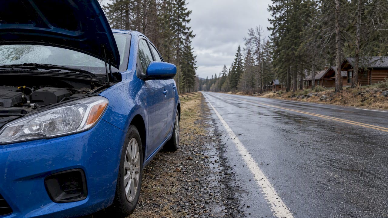 Stalled car on an empty rural road