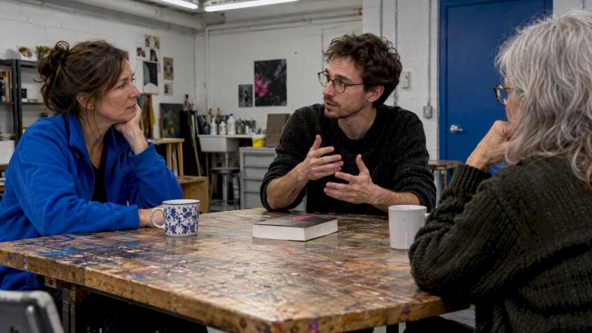 Readers discussing a dark fiction book