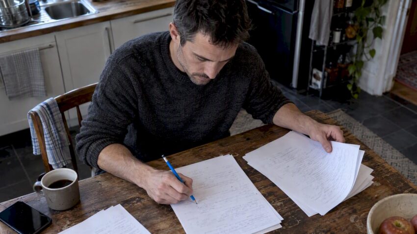 Writer arranging horror film beat sheet pages