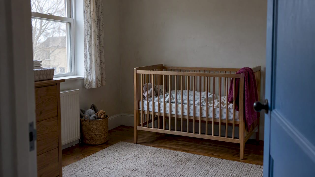 An ordinary nursery with a rumpled crib