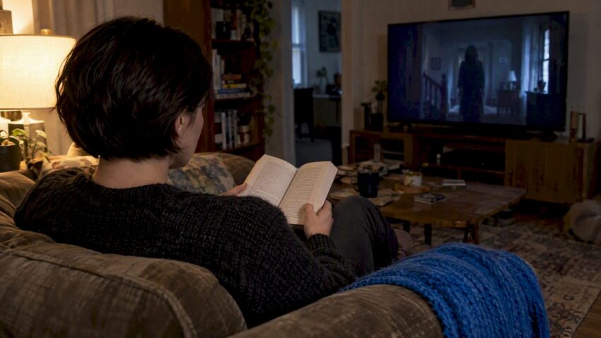 Reader comparing a horror book and film