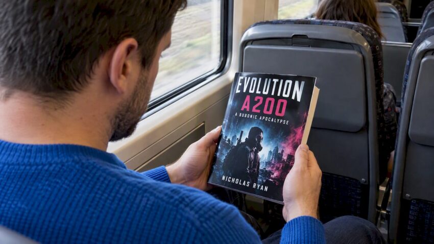 Reader pausing with Evolution A200 paperback
