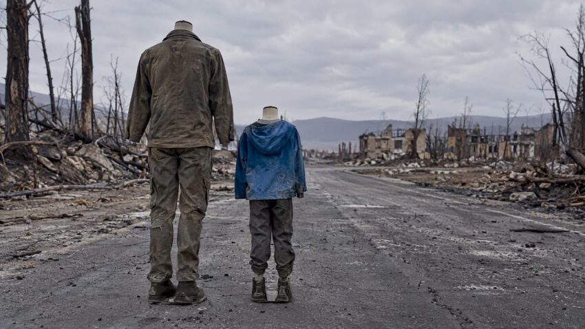 Two travelers walking through a ruined landscape