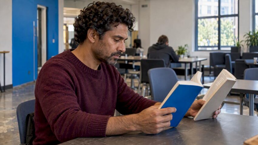 Reader comparing two open dystopian novels