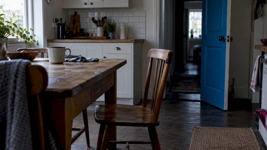 Pulled-out chair in a quiet, unsettling kitchen