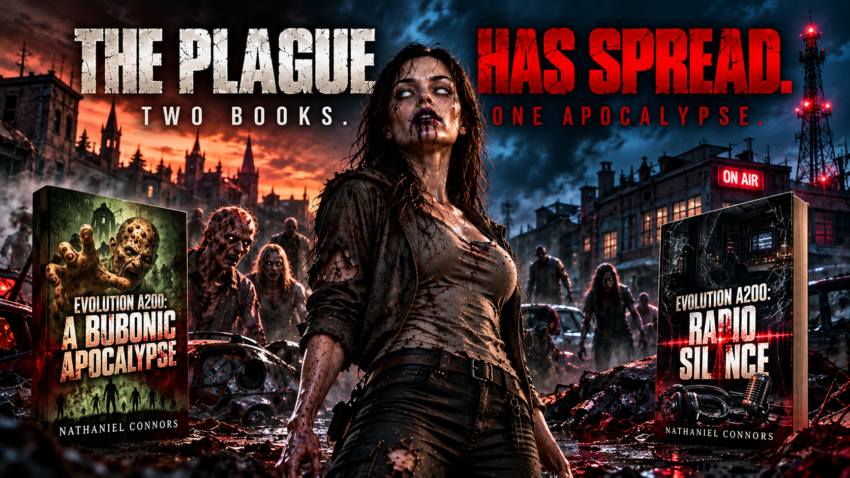 Promotional banner for Nathaniel Connors’ Evolution A200 horror series. A pale, white-eyed Pneumonic Alpha stands amid a devastated town surrounded by infected, abandoned vehicles, and destruction. Fiery red skies contrast with a dark blue cityscape and a glowing radio tower. The covers of A Bubonic Apocalypse and Radio Silence flank her beneath the words “The Plague Has Spread. Two Books. One Apocalypse.”